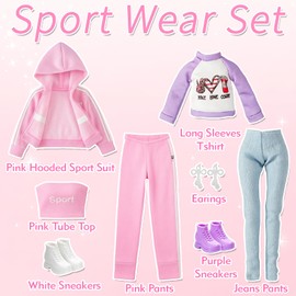20 Pcs Doll Clothes and Accessories for 11.5 inch Girl Dolls 8 Set Clothing Sptot Outfits Hooded Dress Skirts Fashion Casual Clothing 8 Sneakers Hat Headset Earings Glasses for Girl Dolls Clothing