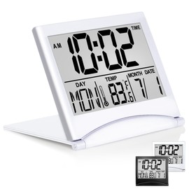 Betus Digital Travel Alarm Clock - Foldable Calendar Temperature Timer LCD Clock with Snooze Mode - Large Number Display, Battery Operated - Compact Desk Clock(Silver, No Backlight)