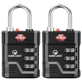 SURE LOCK TSA Locks for Luggage, TSA Approved Luggage Locks with Open Alert, TSA008 Key for High Security, Easy Read Dials, Zinc Alloy Body, Locker Lock for Suitcase, Gym, Travel. (Black 2 pk)
