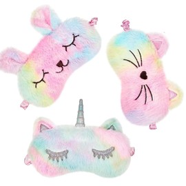 3 Pack Kids Sleep Mask Set - Soft Plush Animal Eye Covers for Girls (Bunny, Cat, Unicorn) | Comfortable Blindfold for Naptime & Travel（Rainbow Colors）