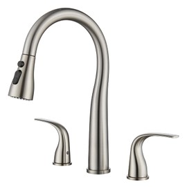 3 Hole Kitchen Faucet with Pull Down Sprayer, Brushed Nickel, Double Handle High Arc Faucet for Kitchen Sink with 3 Mode Spray, Stainless Steel, T-3005BN