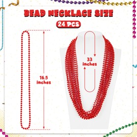 24 PCS Red Christmas Bead Necklaces, Mardi Gras Beads Bulk, 33" Metallic Color Beaded Costume Necklaces for Valentine, Beaded Accessory for Parade Throws Wedding Carnival Festive Event Accessories