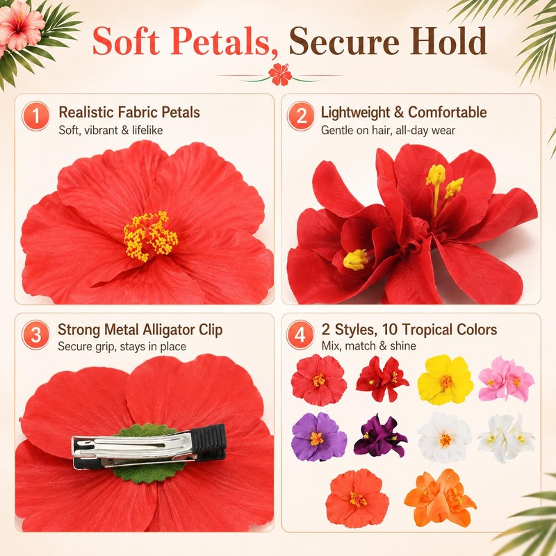 10 Pcs Hawaiian Flower Hair Clips for Women, Artificial Hibiscus