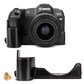 Rieibi R8 Half Case, Handmade PU Leather Half Camera Case for Canon EOS R8, Black