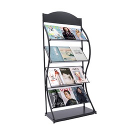 4 Layers Floor-Standing Magazine Rack, Iron Magazine Rack with Wheels Information Rack Storage Rack Newspaper Rack Display Rack Manual Book Rack 4 Pockets Magazine Holder Newspaper Stand (Black)