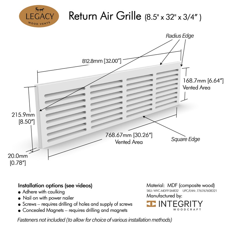 Return Air Grille 8.5" x 32" High Flow Air Vent