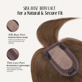 MY-LADY Human Hair Toppers for Women Real Human Hair with Bangs Thin 7 * 13CM Silk Base with Lace Clip in Straight Remy Hairpieces 150% Density 12 Inch Medium Brown