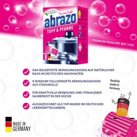 abrazo Topf & Pfanne Reinigungskissen antibakteriell Reinigungs-Schwamm Topfreiniger Grillreiniger & Backofen-Reiniger Stahlwolle vegan 8 St