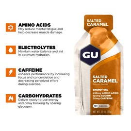 GU ENERGY GEL GU Energy Original Sports Nutrition Energy Gel, Vegan, Gluten-Free, Kosher, and Dairy-Free On-the-Go Energy for Any Workout, 24-Count, Salted Caramel