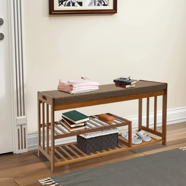 Unbranded Shoe Bench With Cushion, Bamboo Porch Shoe Bench W/