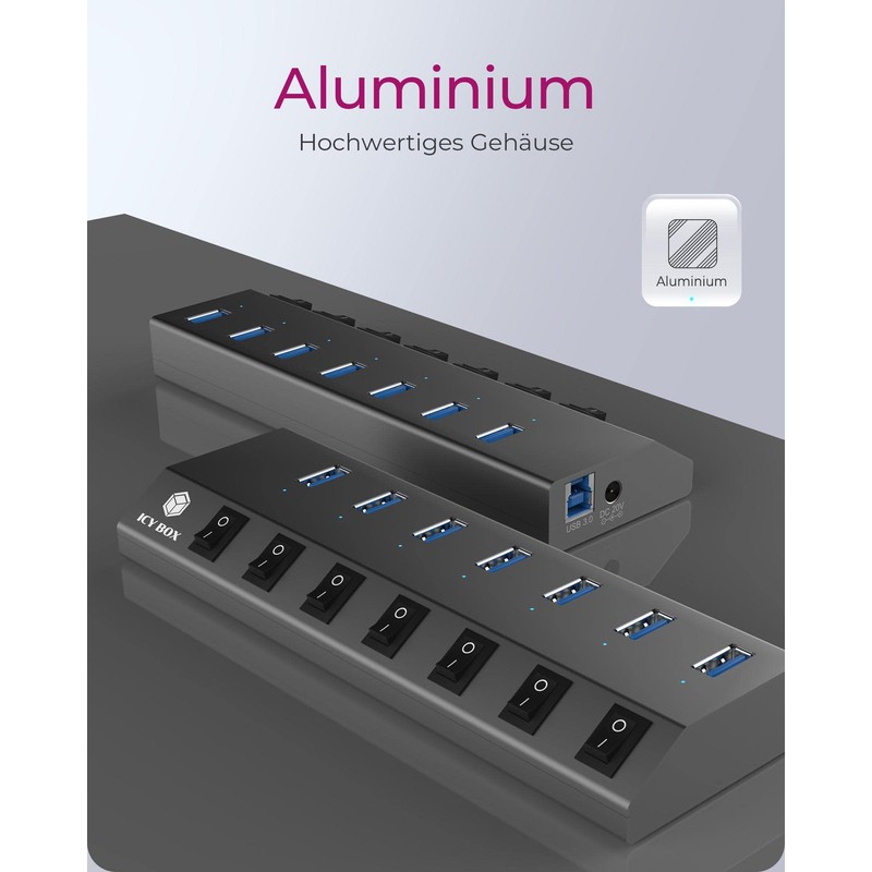 ICY BOX 7 Port USB 3.0 Type-A Hub Ladegerät Aluminium