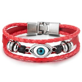 COOLSTEELANDBEYOND Three-Row Mens Women Tribal Evil Eye Beads Charms Red Leather Bracelet Wristband Wrap Bracelet(CA)