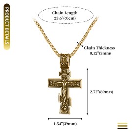 Flongo Orthodox Cross Pendant Necklace: Gold Jesus Cross Religious Stainless Steel Chain Crucifix Russian Eastern Orthodox Cross Amulet Prayers Protection Christian Jewellery Christmas Christening