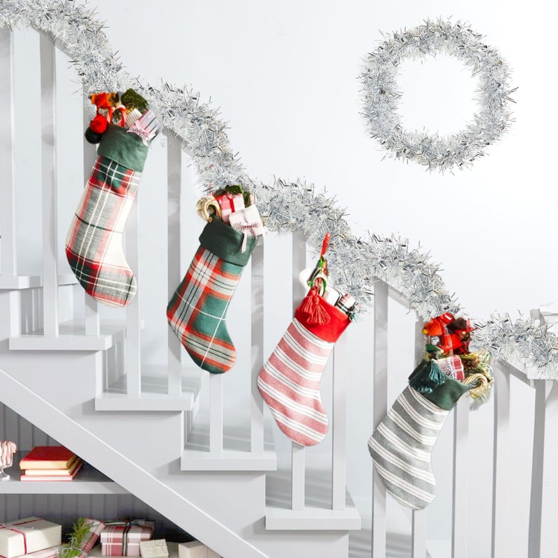 KINGLAKE Christmas Tinsel Garland, 10M x 9CM Silver Xmas Shiny