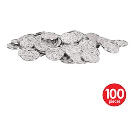 Beistle 100 Piece Silver Embossed Plastic Coins for Western Casino and Pirate Theme Treasure Chest Party Favors, 1.5"