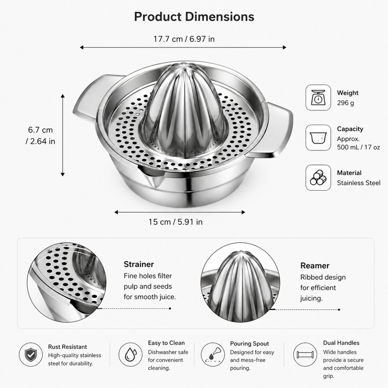 Manual Citrus Juicer for Fresh Juice – Stainless Steel Lemon