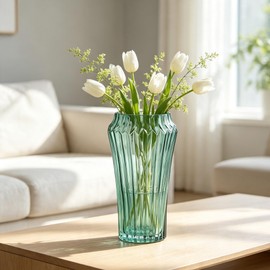 10 inch Green Glass Flower Vase for Pampas Grass, Medium Decorative Centerpiece Ribbed Vase for Dining Table, Office Desktop, Shelf Bookshelf, Mantel, Entryway, Bathroom, Countertop,Gift