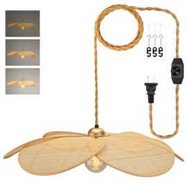 Bamboo Plug in Pendant Light, 24 Inch Flower Handwoven Rattan Lampshade Stepless Dimmable Boho Chandelier, 11.3 ft Plug in Hanging Lamp for Hallway Kitchen Island Dining Room Bedroom(Not Bulb)