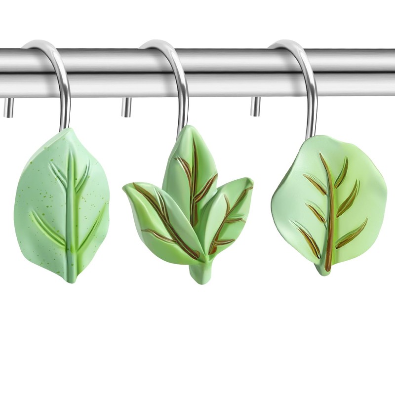 12PCS Leaves Shower Curtain Hooks, Green Plant Leaves Decorative Shower