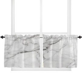 BOBOWUNY Marble Window Tier Curtain 24 Inches Long Set of 2 Panels, Marble Cracks Motif Half Windows Rod Pocket Kitchen Curtains White Small Kitchen Drapes for Bathroom Cafe 55''x24''