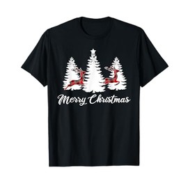 Merry Christmas Shirt for Women Buffalo Plaid Reindeer Tree T-Shirt