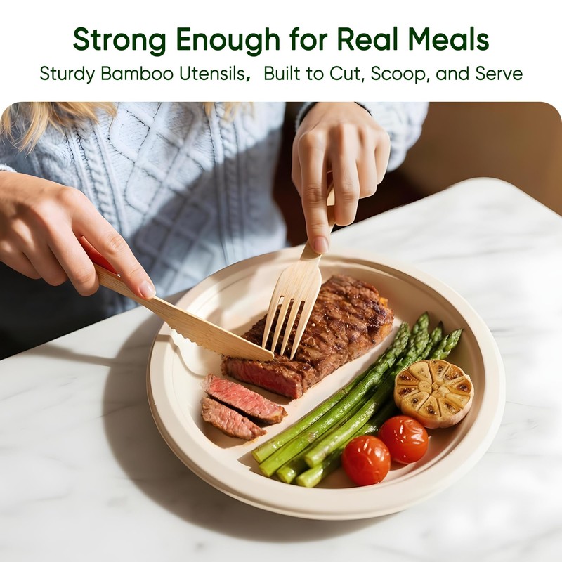 FEHHTO Disposable Bamboo Utensils Set, Compostable Cutlery, Eco-Friendly Disposable Silverware