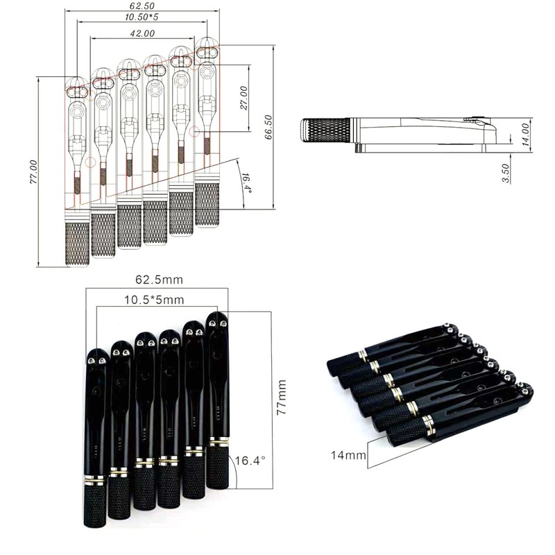 OVSAL Fanned Fret Headless Guitar Bridge，CNC Zinc Alloy 6 String