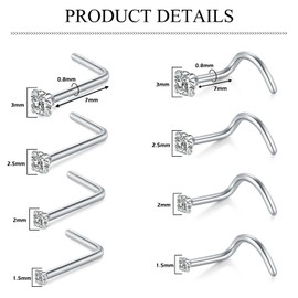 AceFun Nose Studs,8 pieces 20G Nose Rings Studs Nose Stud L Shaped Stainless Steel Diamond Small Nose Stud for Women Men Corkscrew Nose Rings Nose Piercing Studs Screw