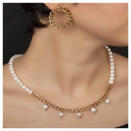 Allereyae Vintage Pearl Necklace Choker Pearl Dangle Necklace Pearl Splicing Chain Choker Necklace Gold Curb Chain Necklace for Women
