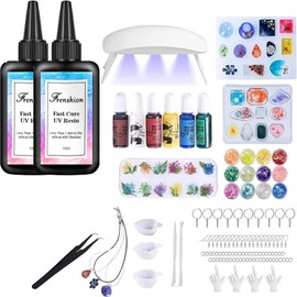 Frenshion UV Resin Kit with Light, 113 Pieces Resin Jewellery Making Kit with 200 g Quick Curing Clear Hard Low Odour UV Resin, Colour Pigment, Resin Accessories, UV Resin Starter Kit for Jewellery