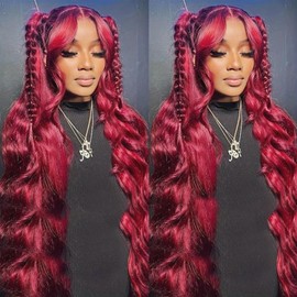 200% Density 32Inch 99j Burgundy Lace Front Wigs Human Hair 13x6 Body Wave Lace Front Wigs Human Hair Pre Plucked Glueless Red Wig Wine Red Lace Front Wigs Human Hair Wigs for Women