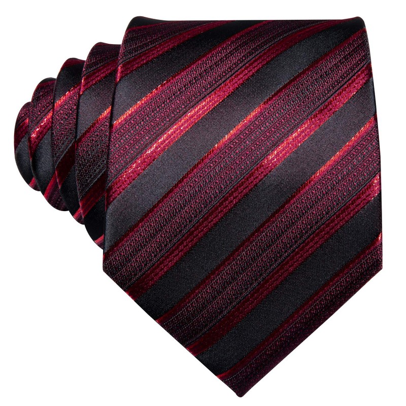Barry.Wang Men Tie Red Black Stripes Silk Ties Pocket Sqaure