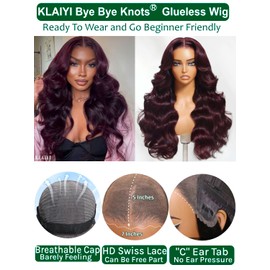 KLAIYI Black Cherry Loose Body Wave Bye Bye Knots Glueless Wig 7x5Precut Lace Front Wigs Human Hair Drawstring Pre Plucked Bleached 30S Ready to Wear and Go Wig with Face Framing Bangs Burgundy 16Inch
