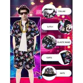 FEELJAM 80s 90s Outfit for Men, Retro Hawaiian Shirts and Shorts Set,Hip Hop Sportswear 7Pcsfor Disco Party (Black, XX-Large)