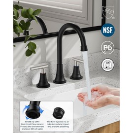 FORIOUS 8" Widespread Brushed Nickel and Black Bathroom Faucet 3 Hole, 2 Handle 360° Swivel Gooseneck 8 Inch Bthroom Sink Faucet 3 Hole Rv with Hot and Cold Water Hose, Farmhouse Restroom Renovation