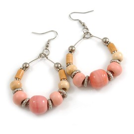 Pastel Pink Ceramic/Natural Wood Bead Hoop Earrings In Silver Tone - 70mm Long