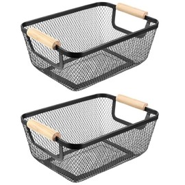 Wire Baskets, 2 Pieces Metal Baskets, Storage Baskets, Kitchen Basket with Wooden Handles, Fruit Basket, Hanging Organiser, Multifunctional Mesh Metal Baskets, Shelf Baskets for Kitchen, Pantry,