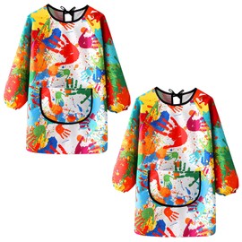 KASURE Kids Art Aprons for Painting, 2Pcs Waterproof Childrens Apron With Large Pockets, Long Sleeve Style Kids Painting Apron for Height 100-120 CM, Suitable for Cooking, Painting, Craft, School