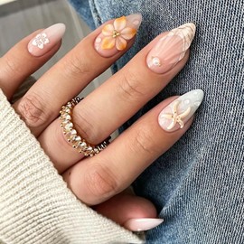 24Pcs Summer Beach Press on Nails Medium Almond Fake Nails with 3D Starfish Seashell Designs Hibiscus Flower False Nails Pearl Stick on Nails French Tip Acrylic Nails Floral Glue on Nails for Women