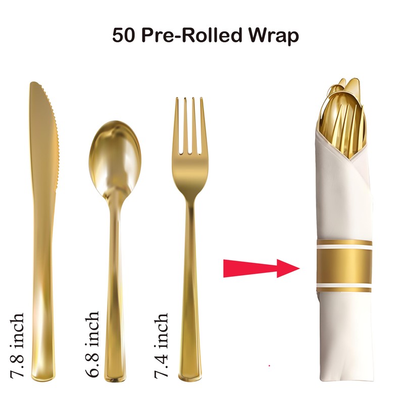 Neatiffy 50 Pack Disposable Gold Plastic Silverware Set, Pre Rolled