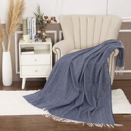 Gealaek Decorative Herringbone Faux Cashmere Throw Blanket Navy Blue Cheveron Fringe Lightweight Fuzzy Soft Cozy Throws for Sofa Bed Farmhouse Throw Blanket 50" x 60"