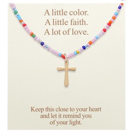 Kvekstio Cross Necklace for Women, Colorful Beaded Choker Necklace, Gold Cross Charm First Communion Baptism Gift for Teens, Multicolor Glass Beads Faith Necklaces, Christian Confirmation Jewelry