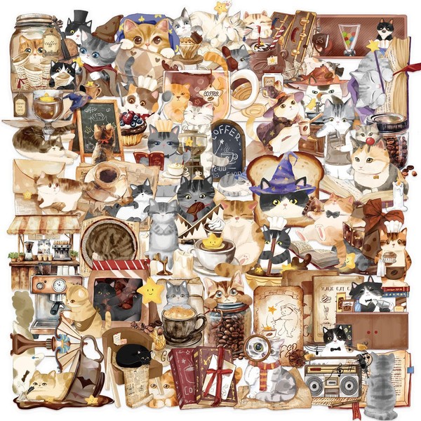 50PCS Magic Cat Coffee Retro Stickers for Journals, Scrapbooks, Water