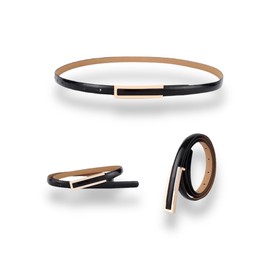 Women's Belt Fashion Elegant Dress Skinny Patent Leather Belts Waistband Thin Waist Belt Alloy Gold Buckle, 2-pack, Black & Red, For Waist 28"- 34", Women Size S-M, 4-6