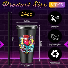 Uiifan 16 Pcs Back to the 70's Party Reusable Cups with Lids and Straws 24 oz Cold Drinking 70's Plastic Tumblers Bulk Funny Back to the 70's Party Birthday Decorations Supplies