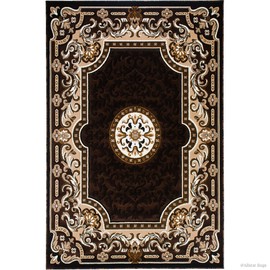 Allstar 5x7 Chocolate and Espresso Classic Floral French Country Machine Carved Effect Rectangular Accent Rug with Ivory and Mocha Bordered Medallion Design(5' 2" x 7' 2")