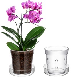 Baderke 1 Pcs Orchid Pot with Drainage Holes and Tray Transparent Glass Pot Planter for Orchids Flower Repotting Anti Slip Glass Plant Vase for Indoor Outdoor Home Decor (4 Inch)