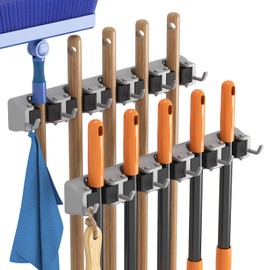 Lifewit Mop and Broom Holder Wall Mount, Anti-Slip Broom Hanger for Cleaning Supplies Organizer, Easy Install Tool Hanging Rack for Closet, Kitchen, Garage, 5 Slot 6 Hooks, Hold 30lbs, Gray, 2 Pack