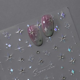Glitter Diamond Stars Nail Art Stickers 3D Self-Adhesive Crystal Silver Decals Luxury with Rhinestones Stars Charms Design Stickers for Women DIY Manicure Decorations