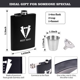 6 Pieces Bestman Gifts Bestman Proposal Wedding Party Box Set: 8oz Stainless Steel Tuxedo Flask with cups Poker Bottle Cap Opener Sunglass Card Sticker Groomsman Box for Wedding Bachelor Party